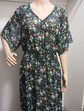 CAbi Tiny Flowers Colorful Multi Floral Sheer Maxi Dress Size Small